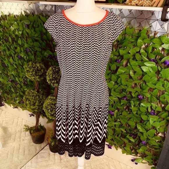 Robbie Bee Signature Black White ZigZag Stripped Dress Red Lining Size Medium - Picture 2 of 6